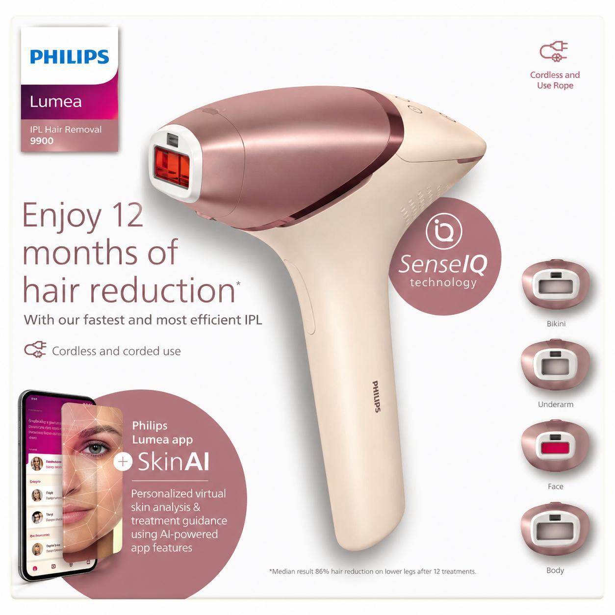 Lumea 9900 Series, IPL Hair Removal Device, Laser Hair Removal Alternative, SenseIQ and SkinAI Technology, 4 Attachments for Body, Face, Bikini and Underarms, Corded & Cordless Use